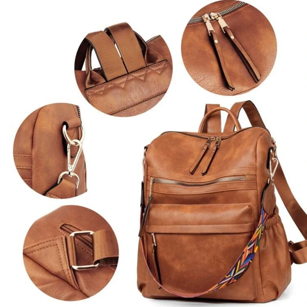 Luxe Vegan Leather Colorful Strap Backpack Shoulder bag - Picture 9 of 13